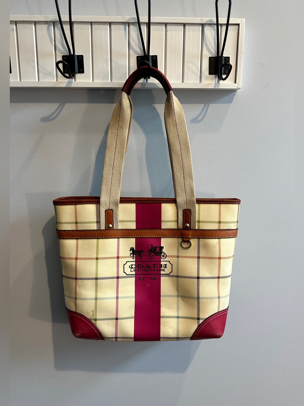 Y2k Coach Tattersall Stripe Cream Plaid Tote With Raspberry Details